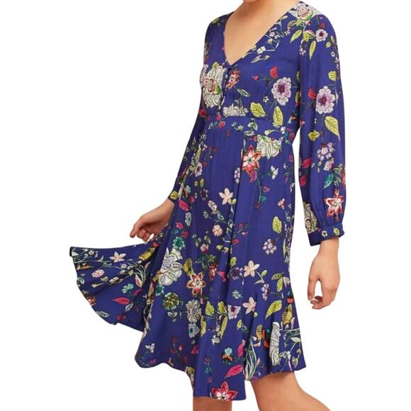 Maeve Anthropologie Floral Maplewood Long Sleeve Mini Dress in Blue Motif - Picture 1 of 10